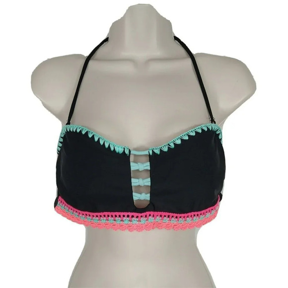 Arizona Bikini Halter Swim Top Women Size L Black Crochet Trim Removable Padding - Picture 1 of 7